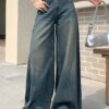 Women’s High Waist Wide Leg Double-Breasted Denim Trousers Dirty Tinted Blue Baggy Jeans