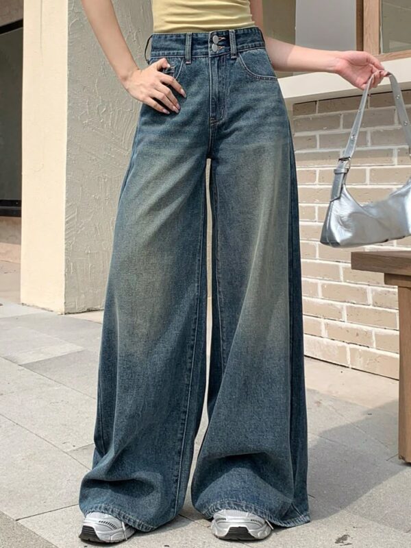 Women’s High Waist Wide Leg Double-Breasted Denim Trousers Dirty Tinted Blue Baggy Jeans