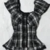 Black and White Plaid Vintage Lace Buttoned Short Sleeve Crop