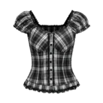 Black and White Plaid Vintage Lace Buttoned Short Sleeve Crop
