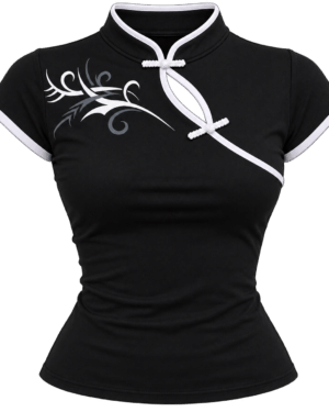 Black Chinese Collar Floral Patterned Short Sleeve Crop