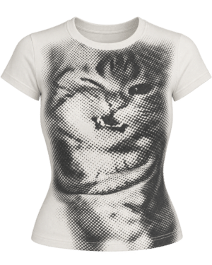 White Faded Cat Short Sleeve Crop