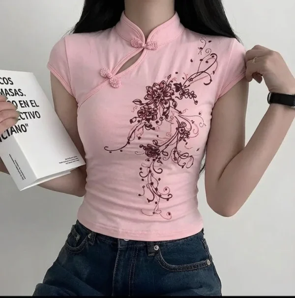 Pink Mandarin Collar Floral Qipao Short Sleeve Crop