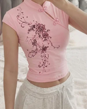Pink Mandarin Collar Floral Qipao Short Sleeve Crop