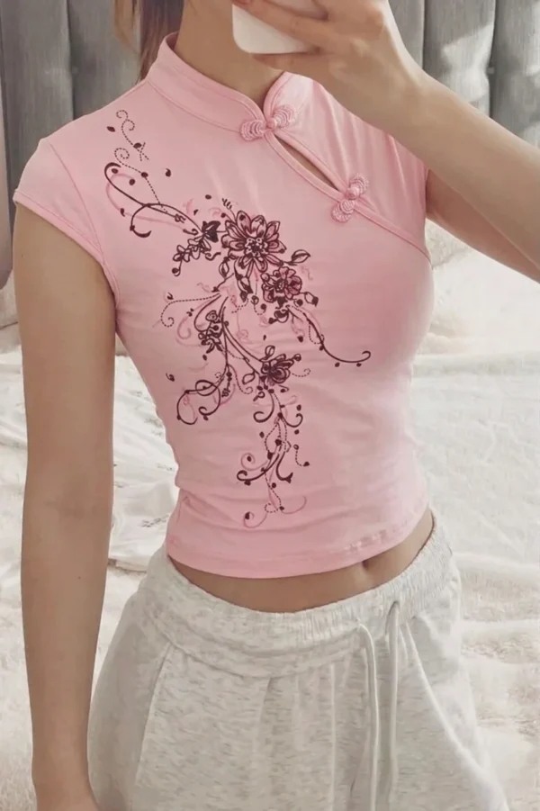 Pink Mandarin Collar Floral Qipao Short Sleeve Crop
