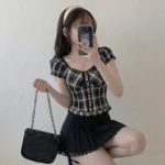 Black and White Plaid Vintage Lace Buttoned Short Sleeve Crop