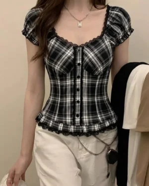 Black and White Plaid Vintage Lace Buttoned Short Sleeve Crop