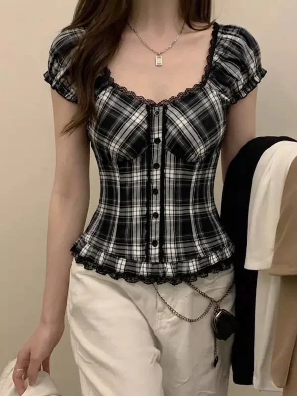 Black and White Plaid Vintage Lace Buttoned Short Sleeve Crop