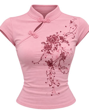 Pink Mandarin Collar Floral Qipao Short Sleeve Crop