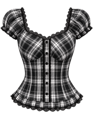 Black and White Plaid Vintage Lace Buttoned Short Sleeve Crop
