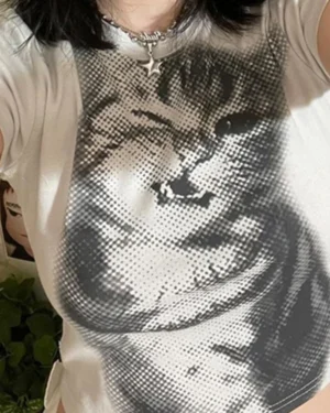 White Faded Cat Short Sleeve Crop