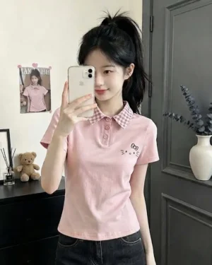Pink Checkered Collar Hello Kitty Top