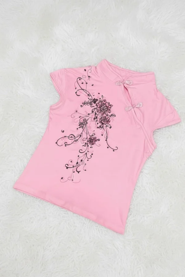 Pink Mandarin Collar Floral Qipao Short Sleeve Crop