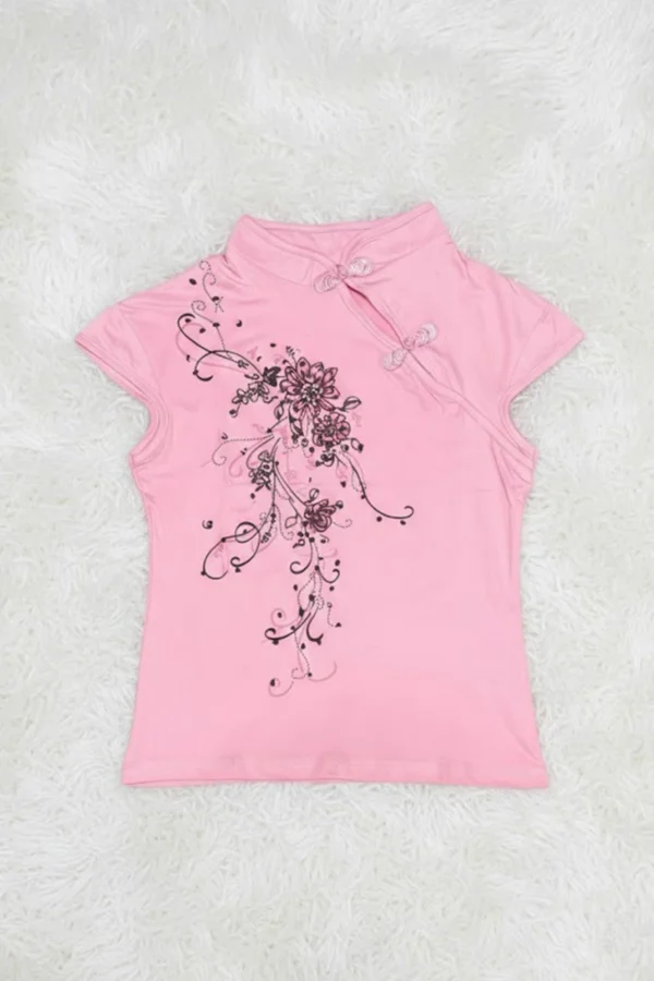 Pink Mandarin Collar Floral Qipao Short Sleeve Crop