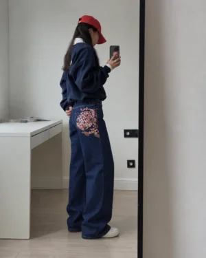 Pocket Embroidery Sakura Unisex Baggy Jeans