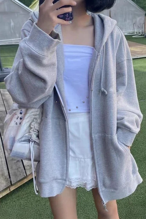 Gray Oversized Zip Up Hoodie