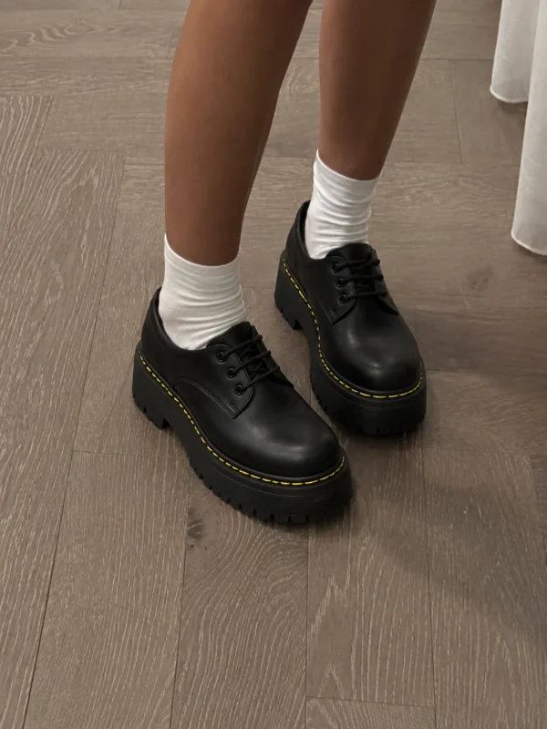 Black Matte Quad Low Platform Doc Martens Shoes